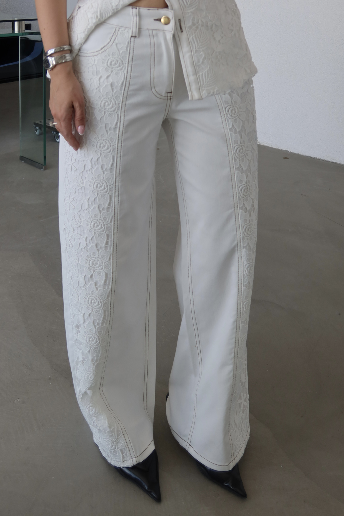 Kontrast Dikişli Boydan Dantelli Premium Jean