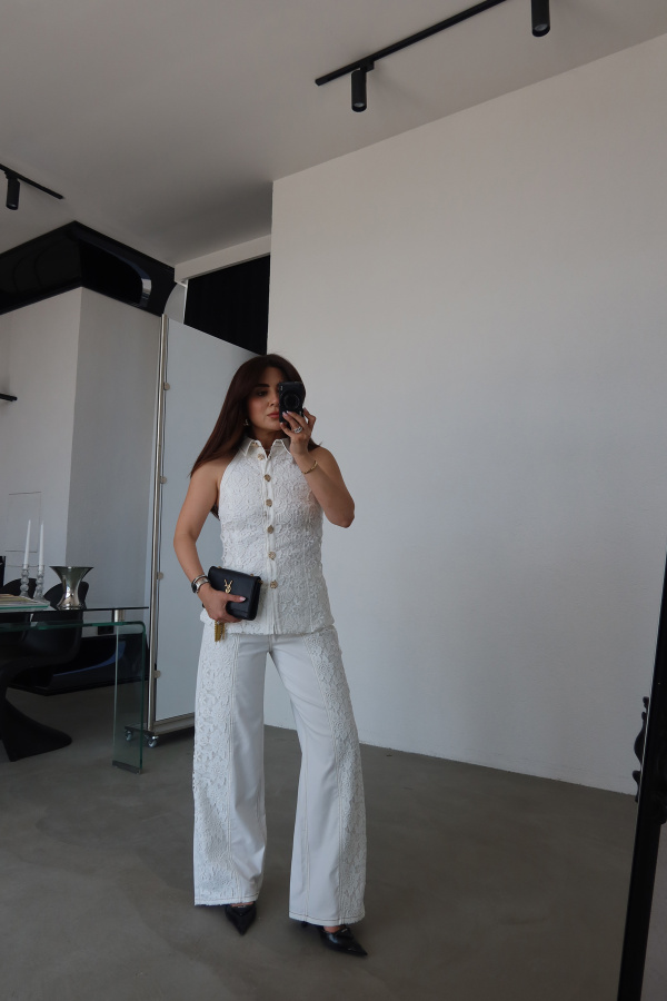 Kontrast Dikişli Boydan Dantelli Premium Jean