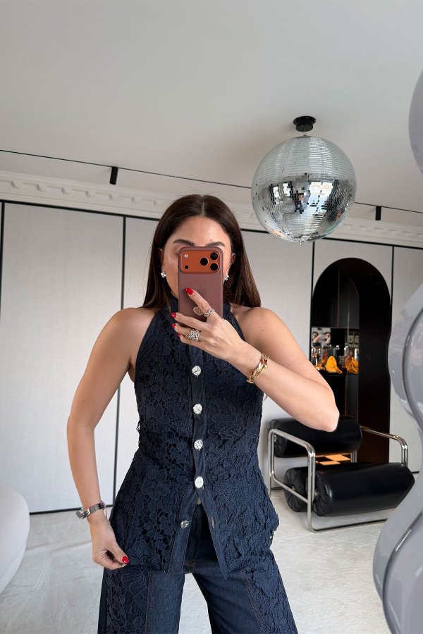 Kolsuz Dantelli Premium Denim Gömlek