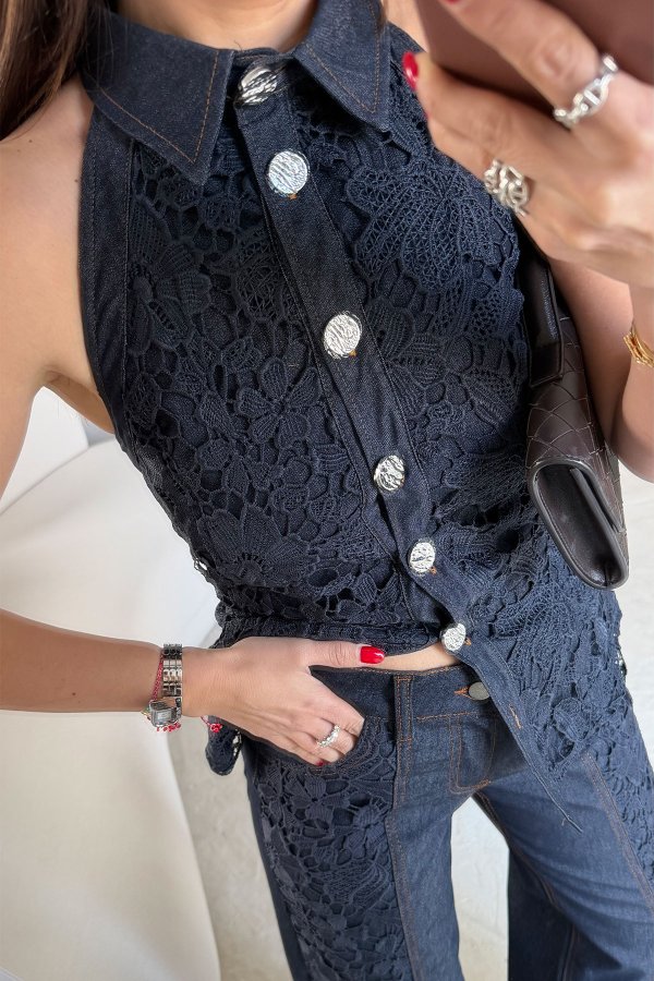Kolsuz Dantelli Premium Denim Gömlek