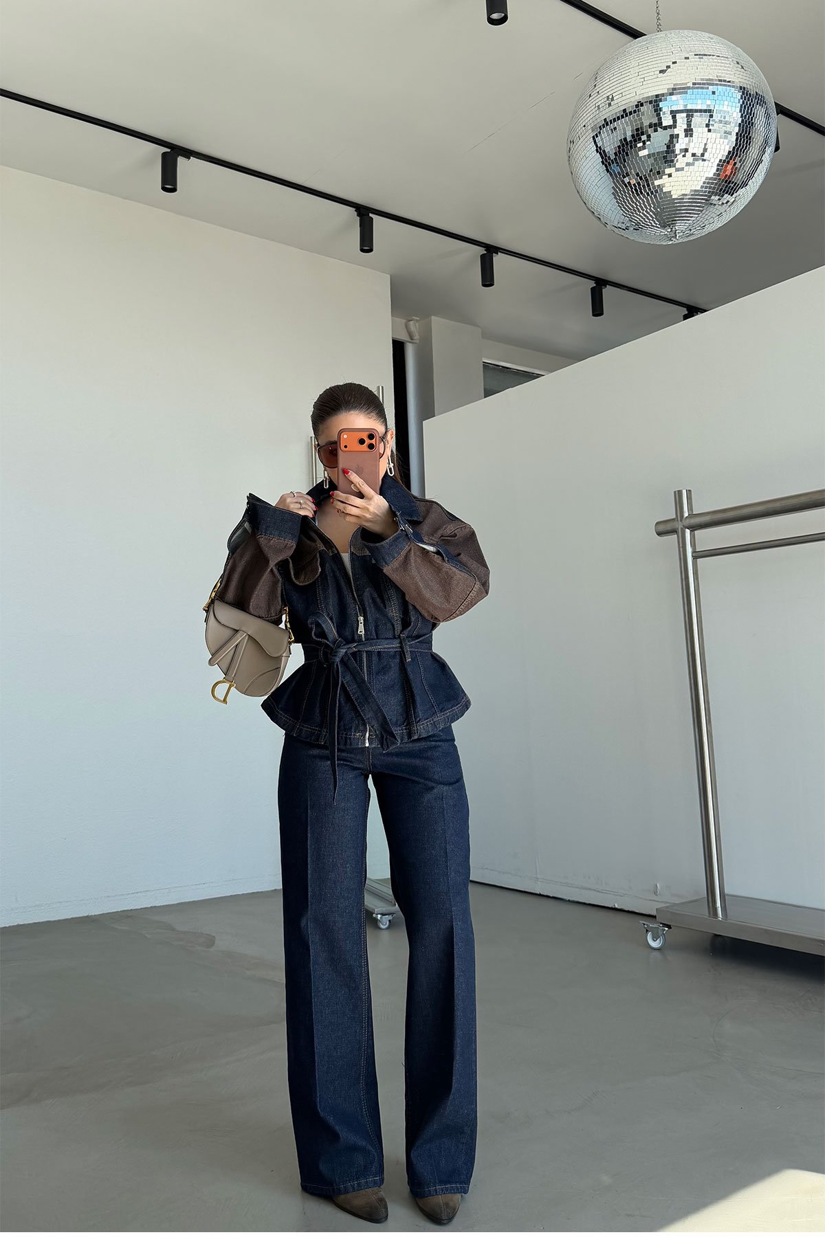 İki Renk Denim Ceket Pantolon Takım