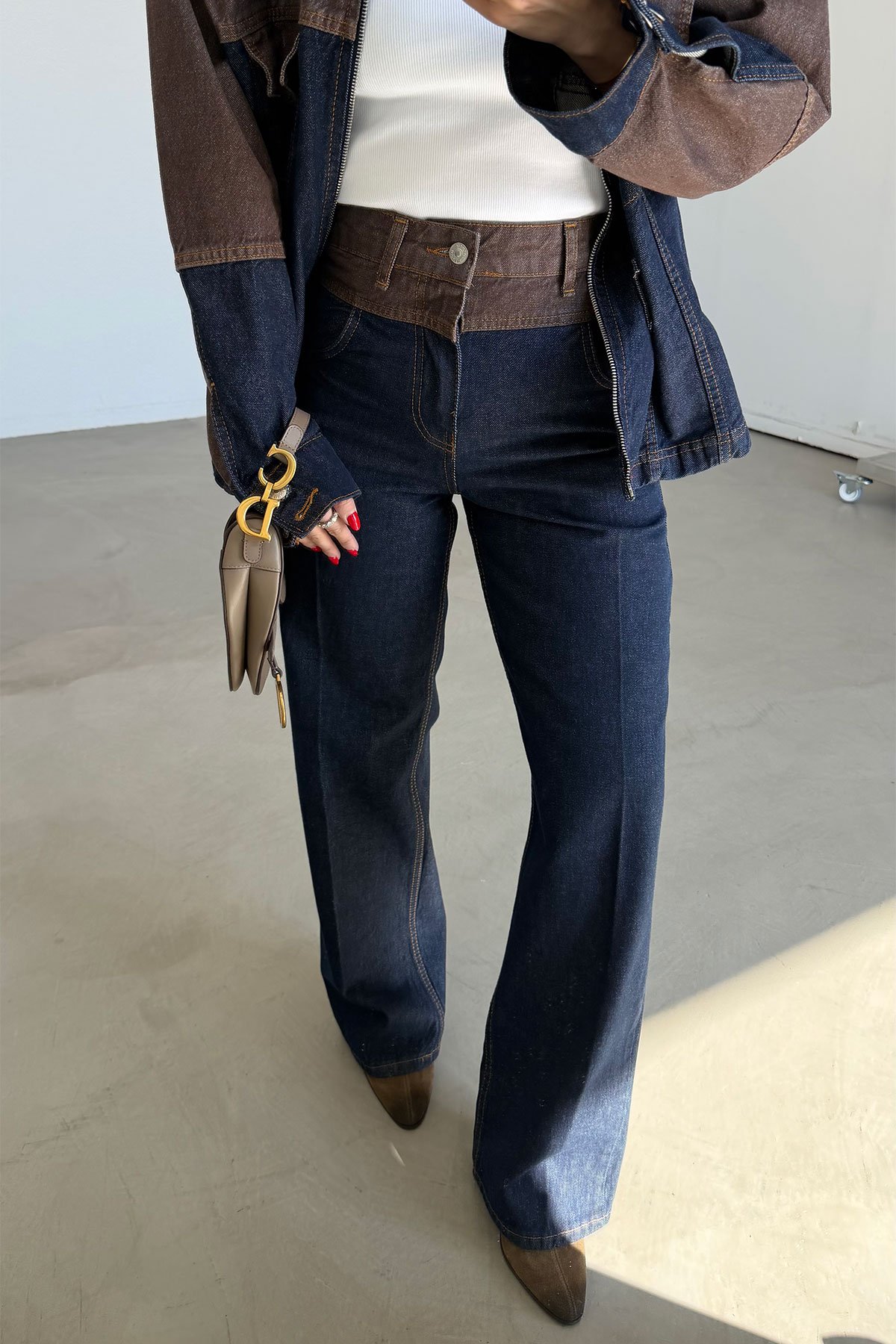 İki Renk Denim Ceket Pantolon Takım