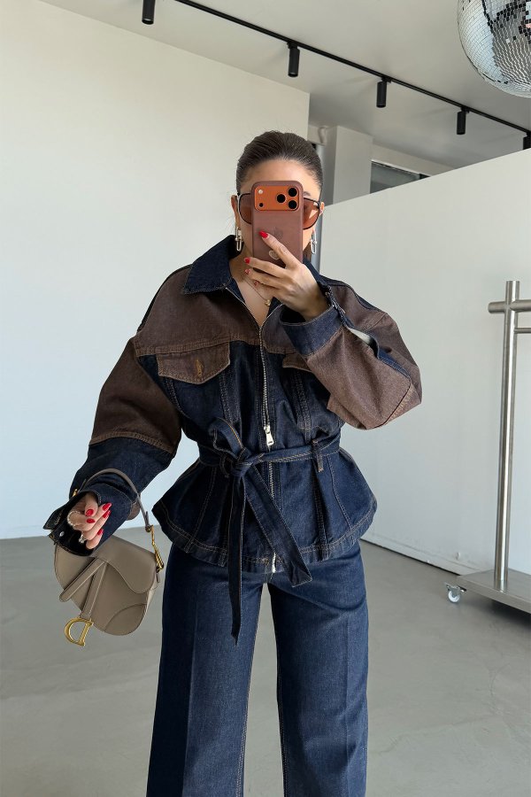 İki Renk Denim Ceket Pantolon Takım