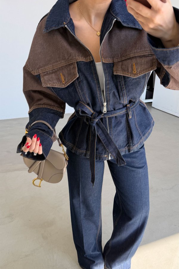 İki Renk Denim Ceket Pantolon Takım