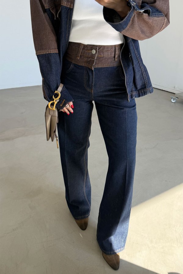 İki Renk Denim Ceket Pantolon Takım