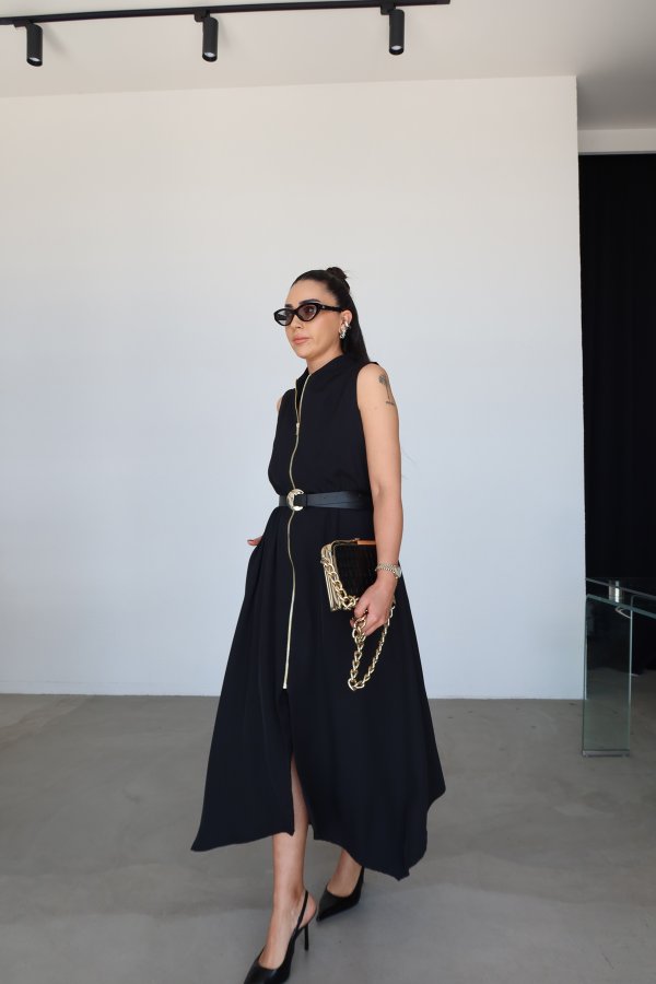 Boydan Fermuarlı Kemerli Elbise