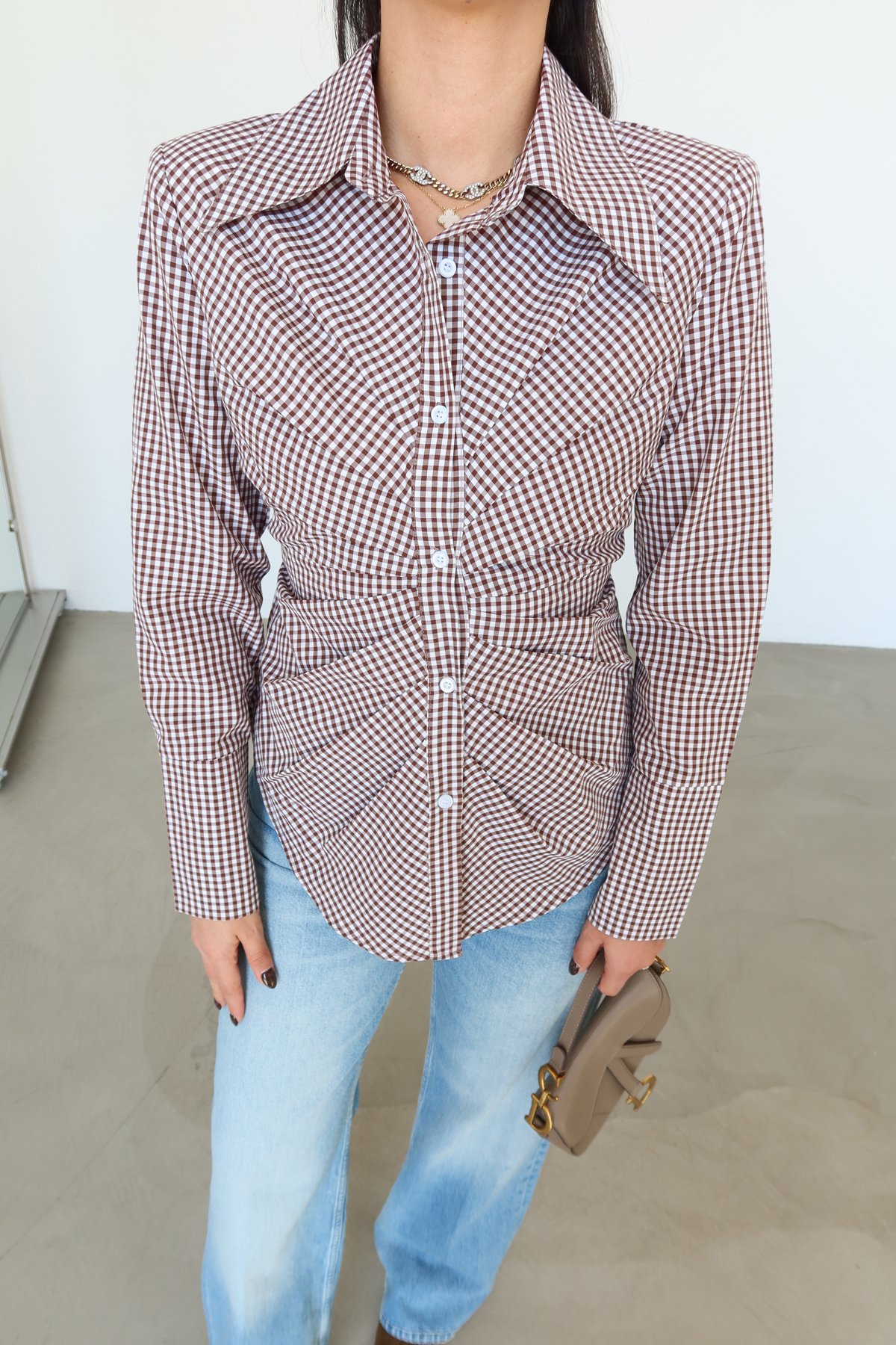 Ekoseli Büzgü Detay Gömlek