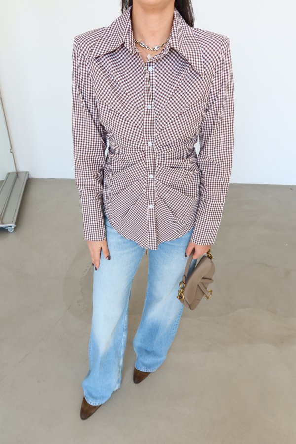 Ekoseli Büzgü Detay Gömlek