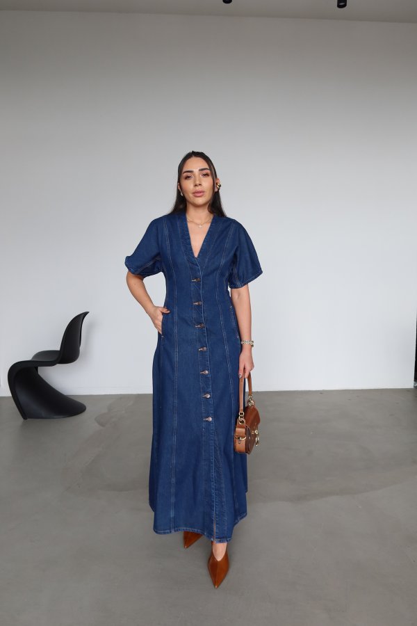 V Yaka Kısa Kol Denim Elbise