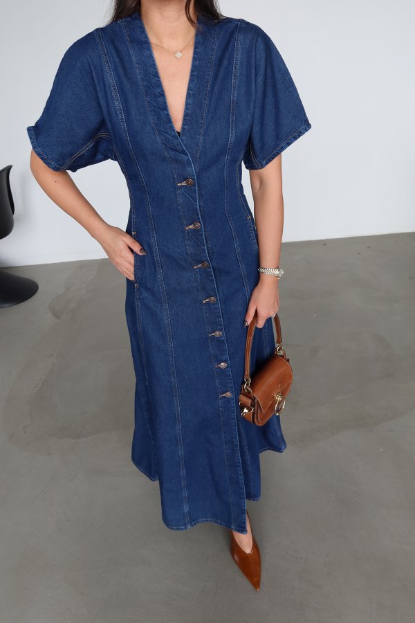 V Yaka Kısa Kol Denim Elbise