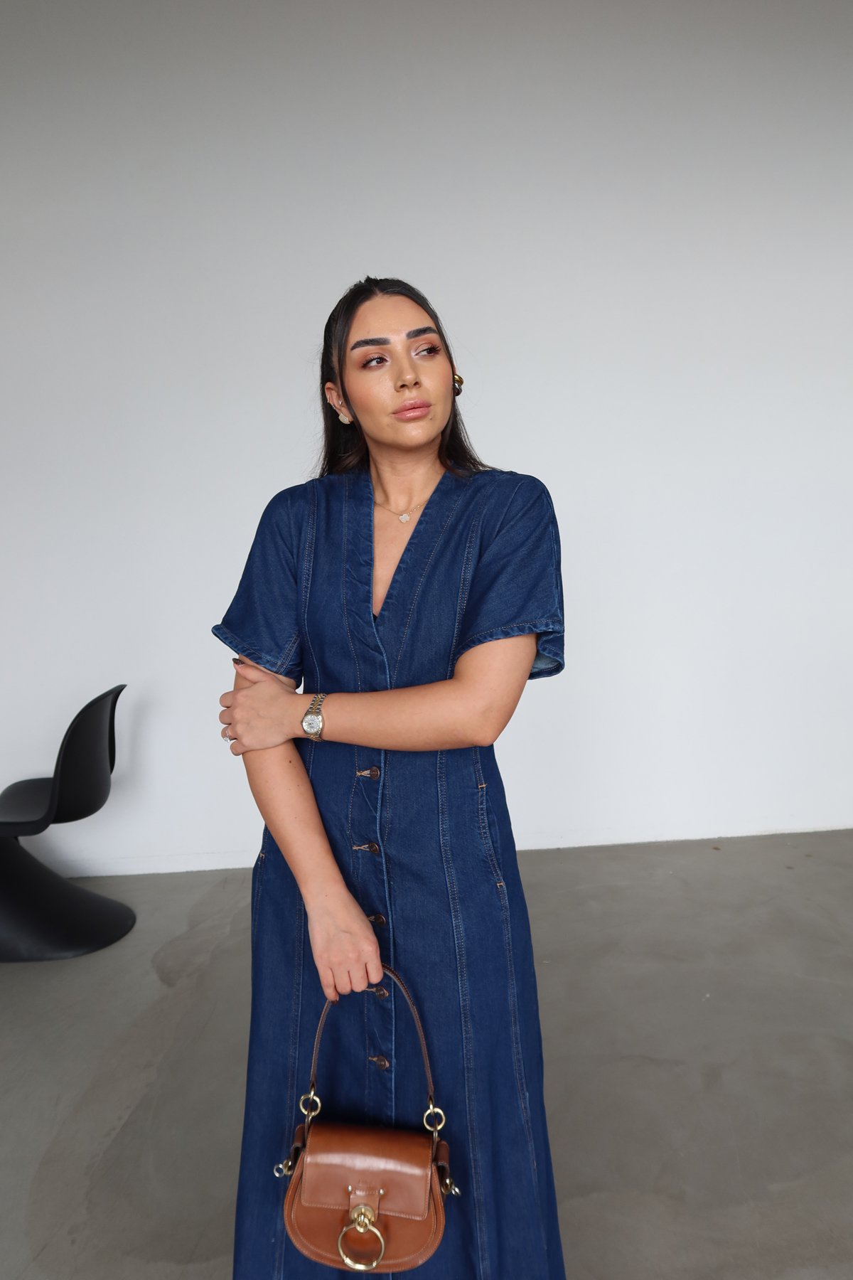 V Yaka Kısa Kol Denim Elbise