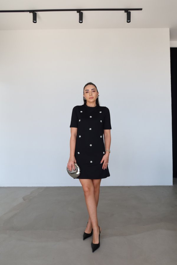 Taş İşlemeli Kısa Kol Elbise