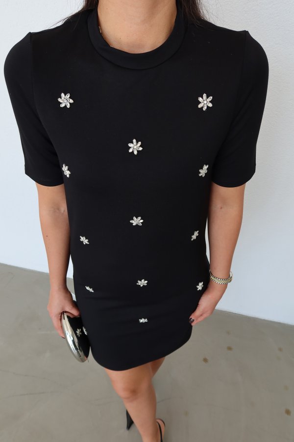 Taş İşlemeli Kısa Kol Elbise