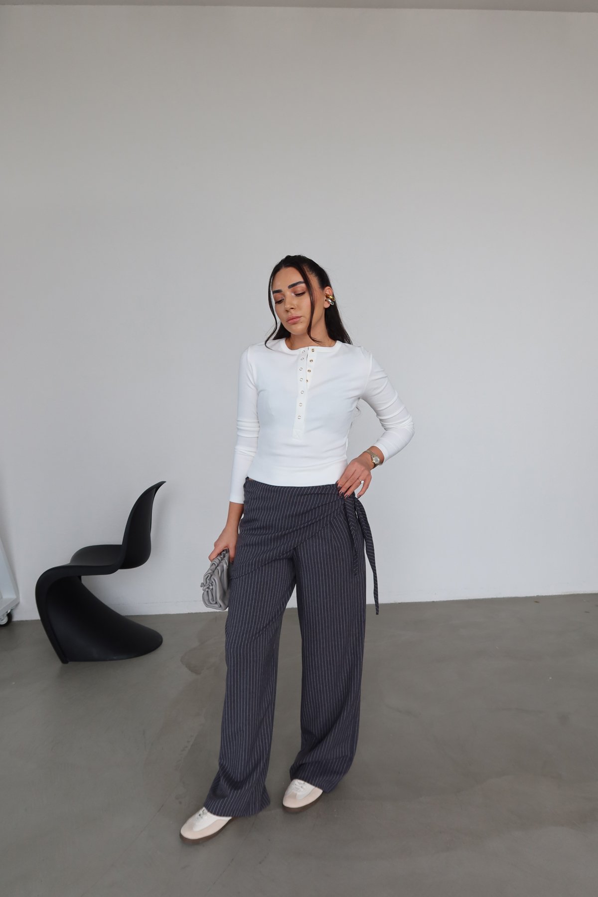 Çizgili Bel AKsesuarlı Pantolon