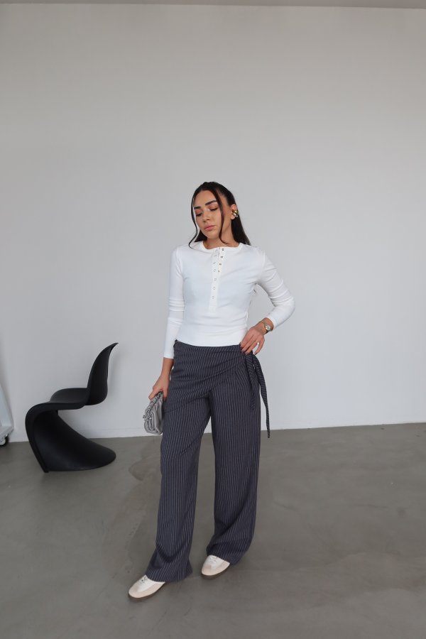 Çizgili Bel AKsesuarlı Pantolon
