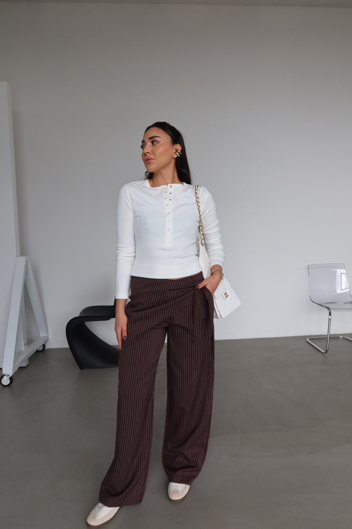 Çizgili Bel AKsesuarlı Pantolon