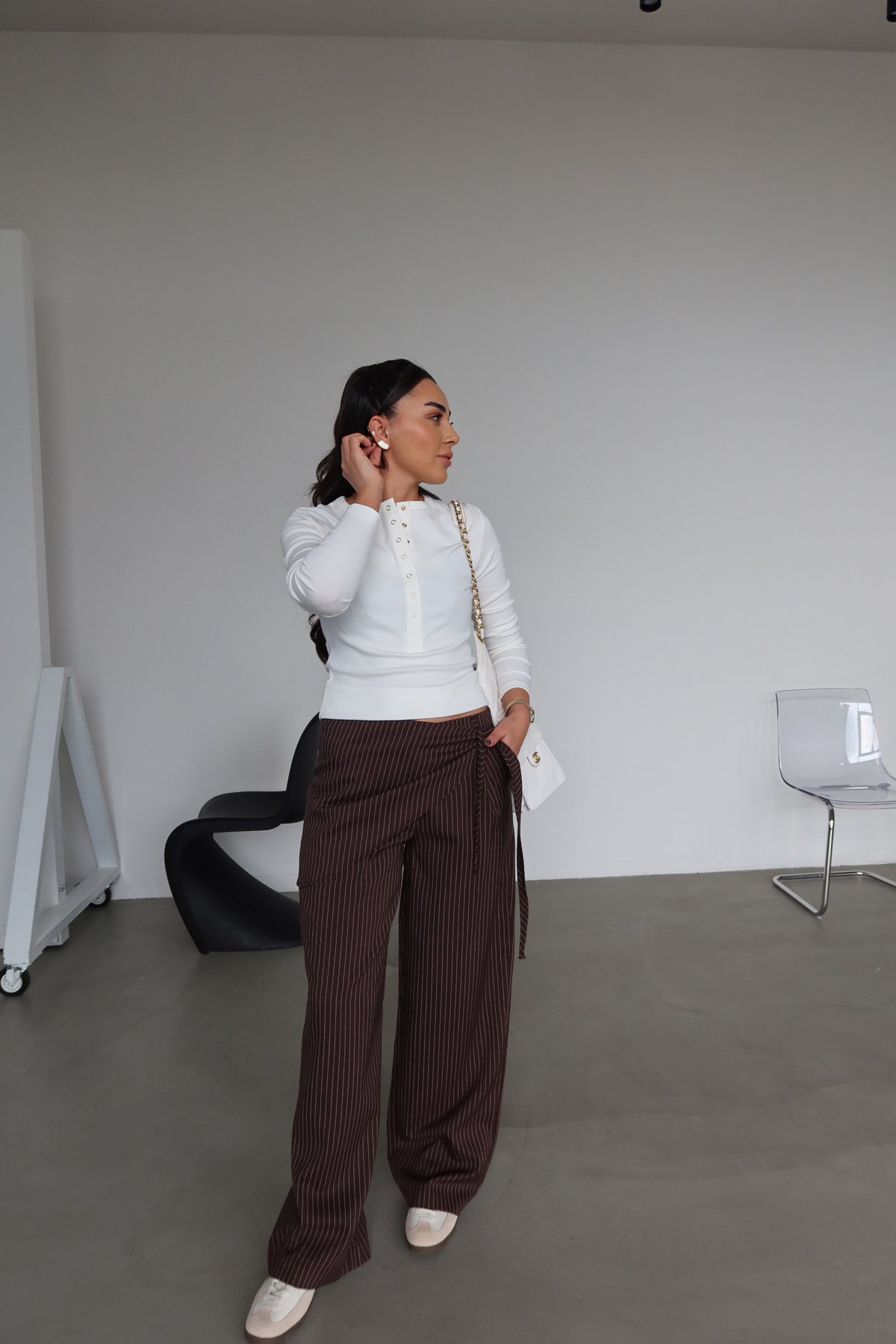 Çizgili Bel AKsesuarlı Pantolon