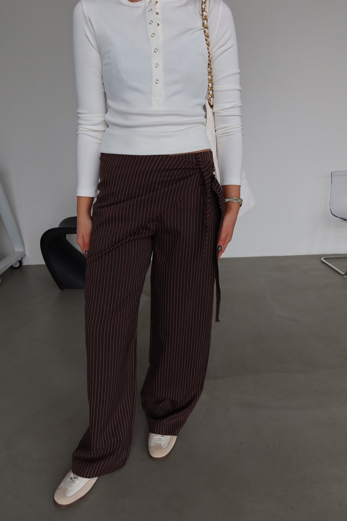 Çizgili Bel AKsesuarlı Pantolon