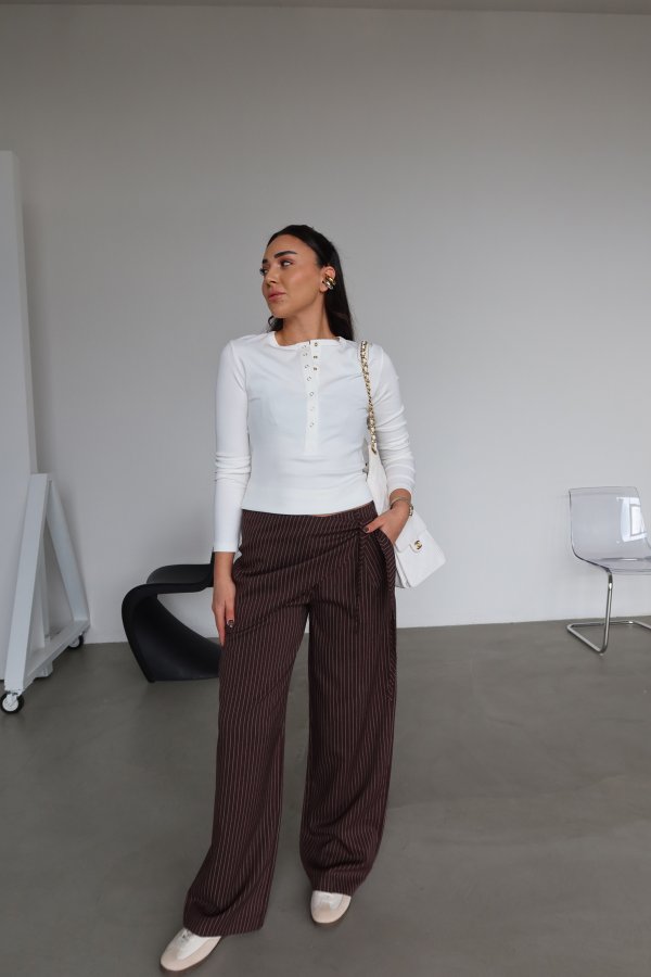 Çizgili Bel AKsesuarlı Pantolon