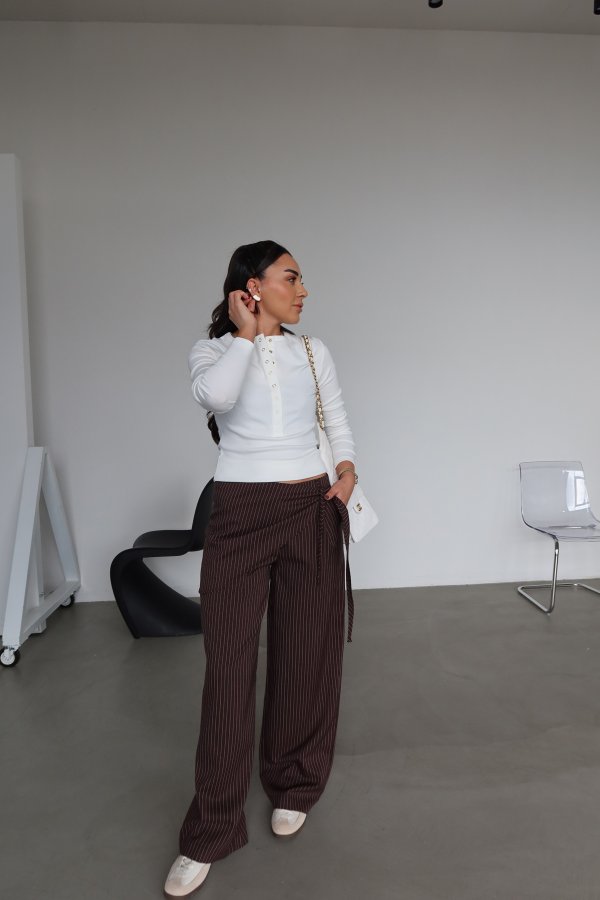 Çizgili Bel AKsesuarlı Pantolon