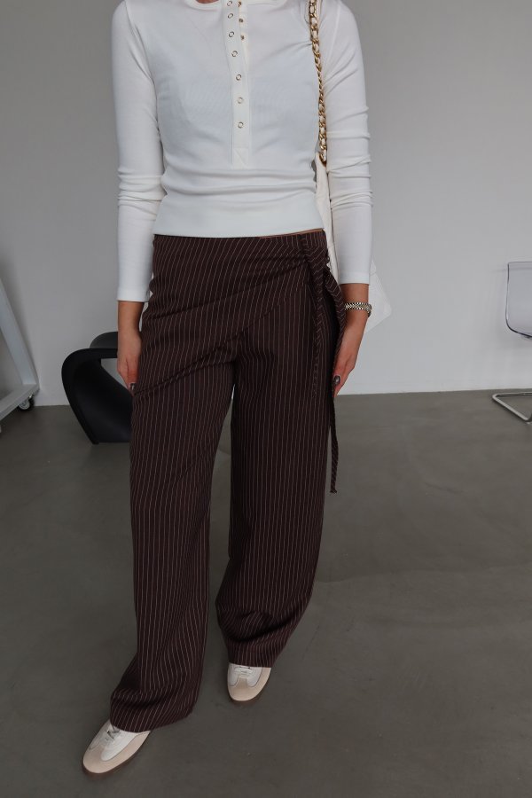 Çizgili Bel AKsesuarlı Pantolon
