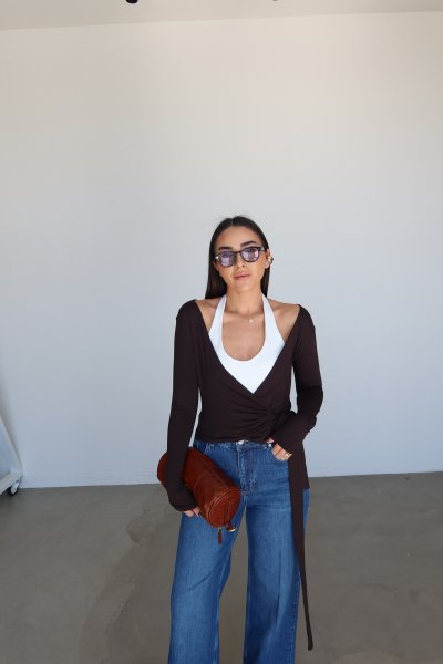 Kruvaze Yaka Bağlamalı Bluz