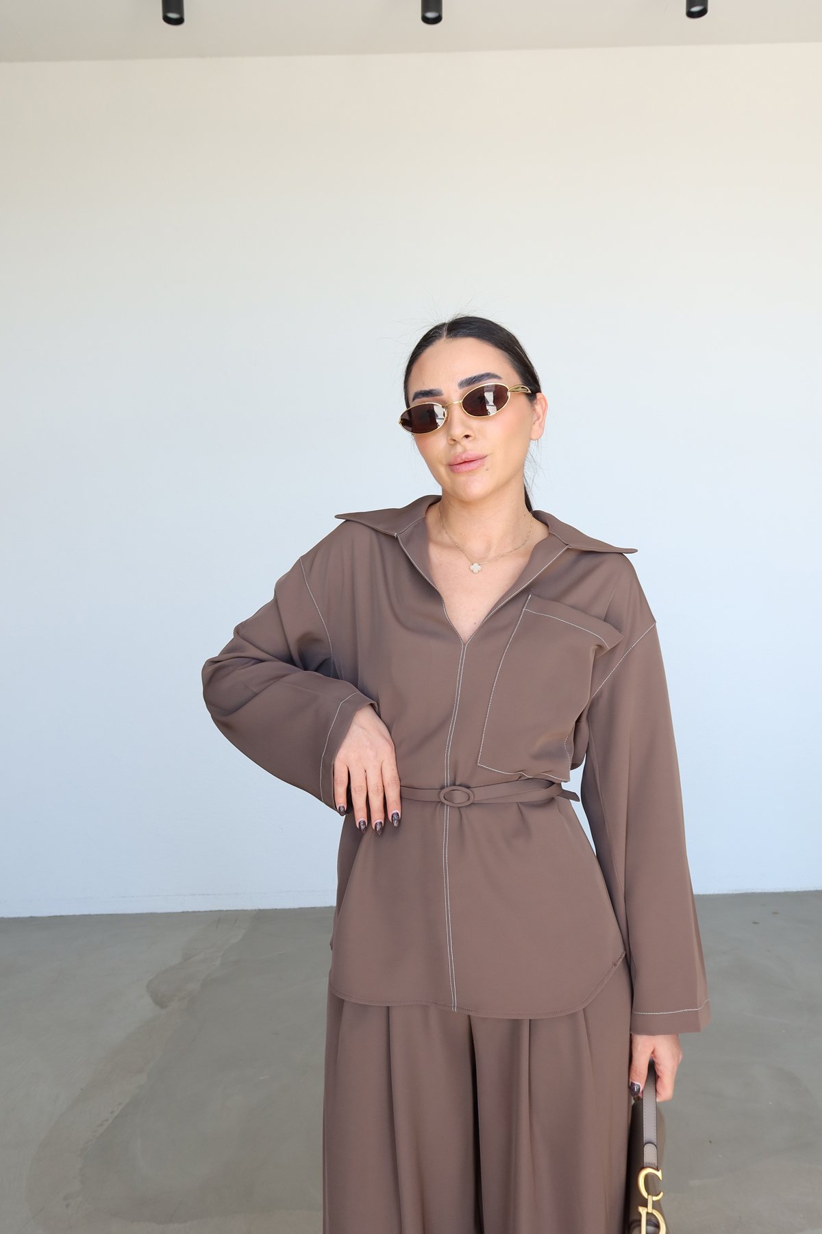 Kontrast Dikişli Bluz Pantolon Takım