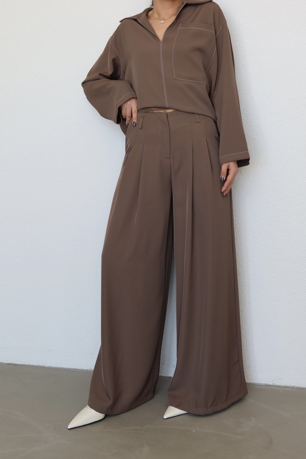 Kontrast Dikişli Bluz Pantolon Takım