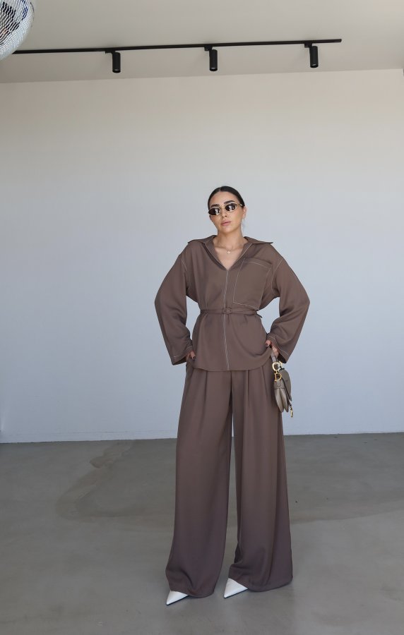 Kontrast Dikişli Bluz Pantolon Takım