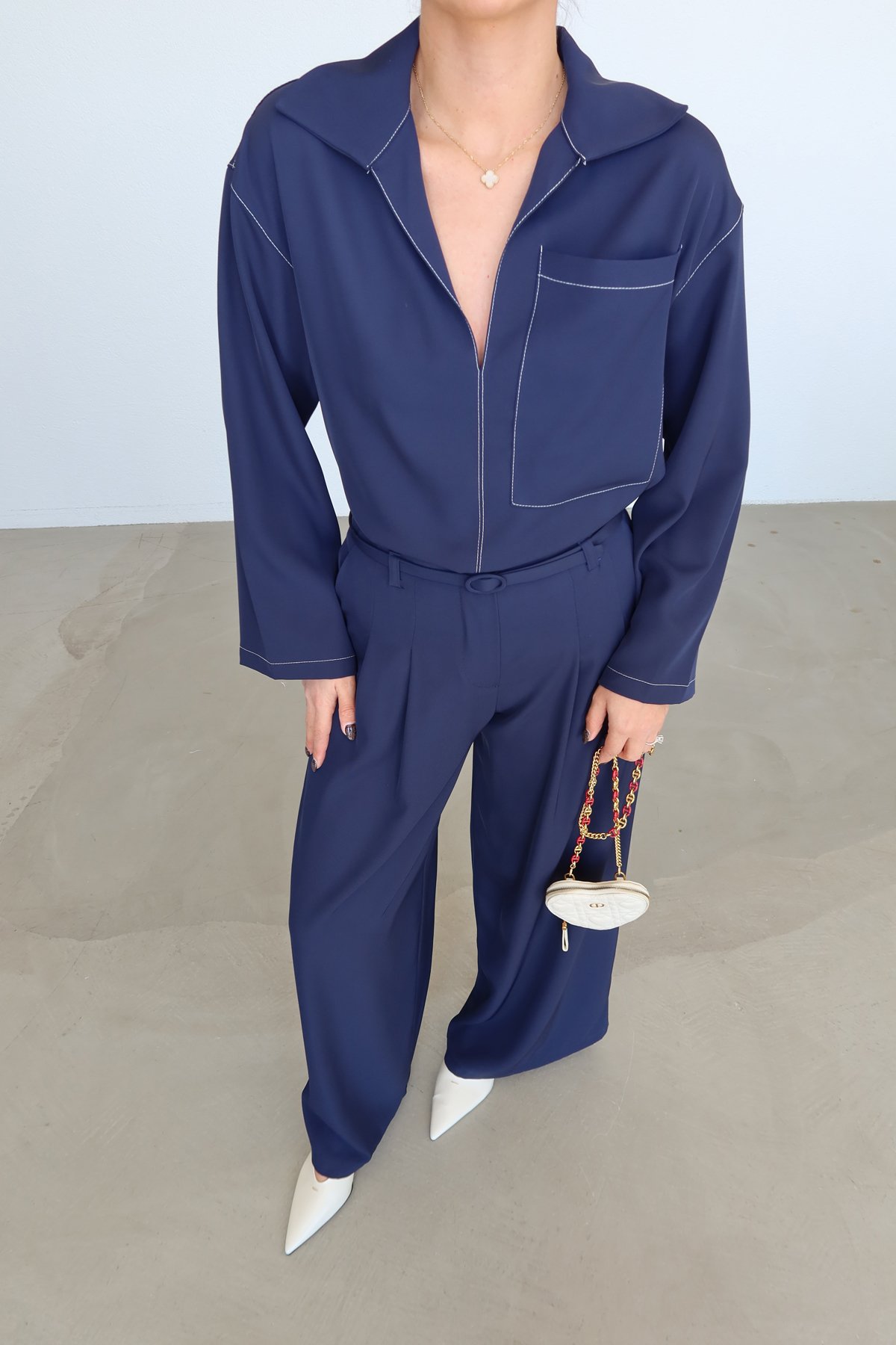 Kontrast Dikişli Bluz Pantolon Takım