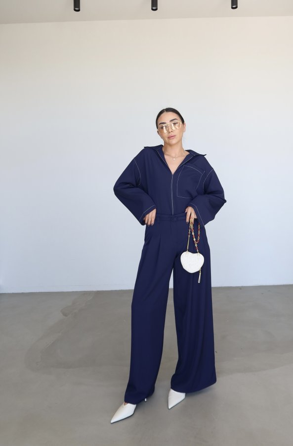 Kontrast Dikişli Bluz Pantolon Takım