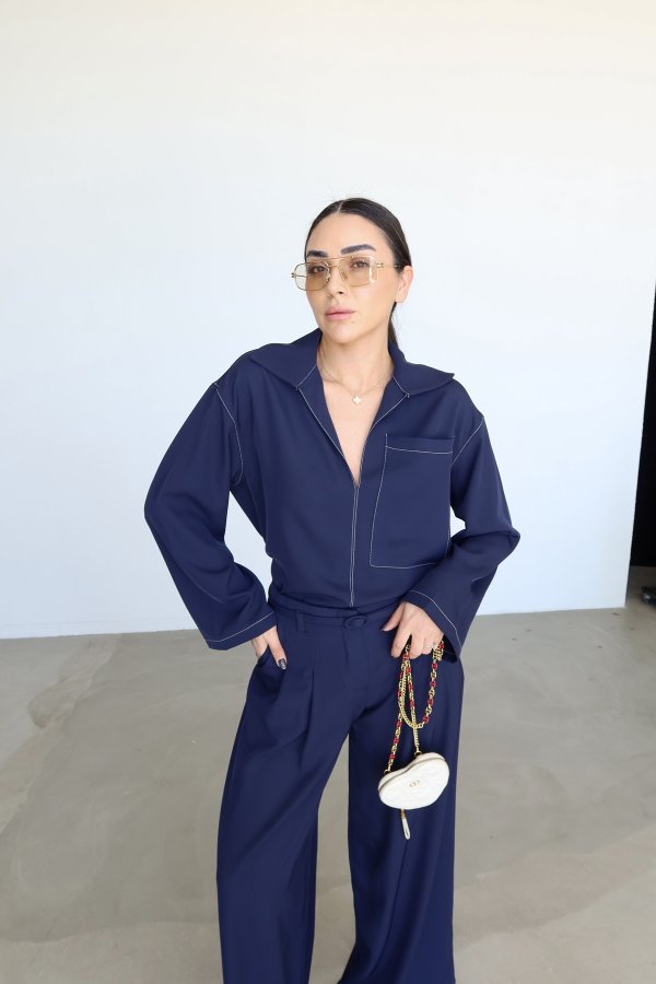 Kontrast Dikişli Bluz Pantolon Takım