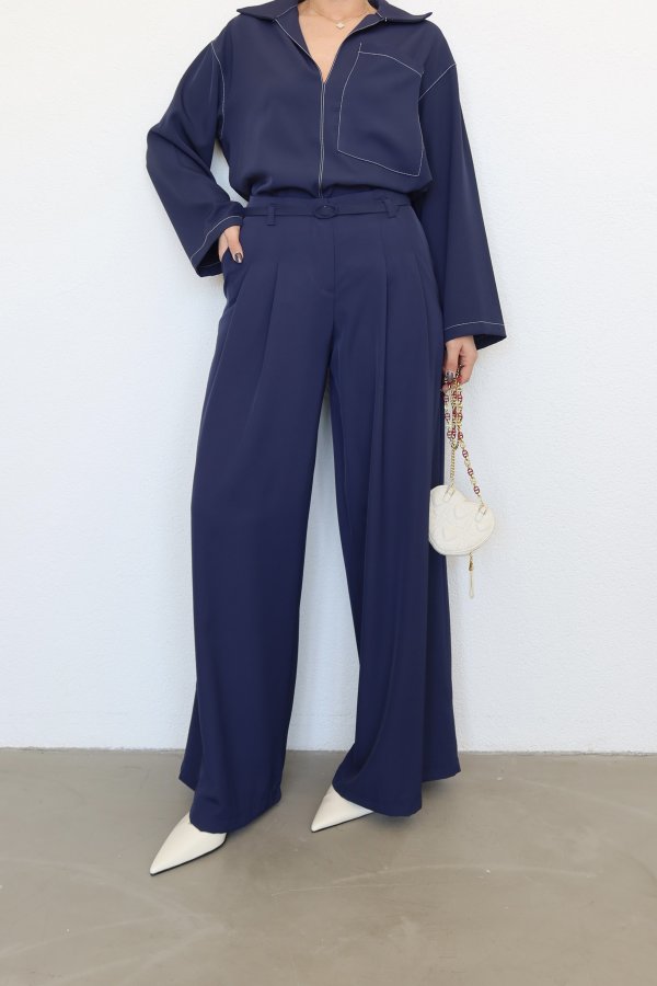 Kontrast Dikişli Bluz Pantolon Takım