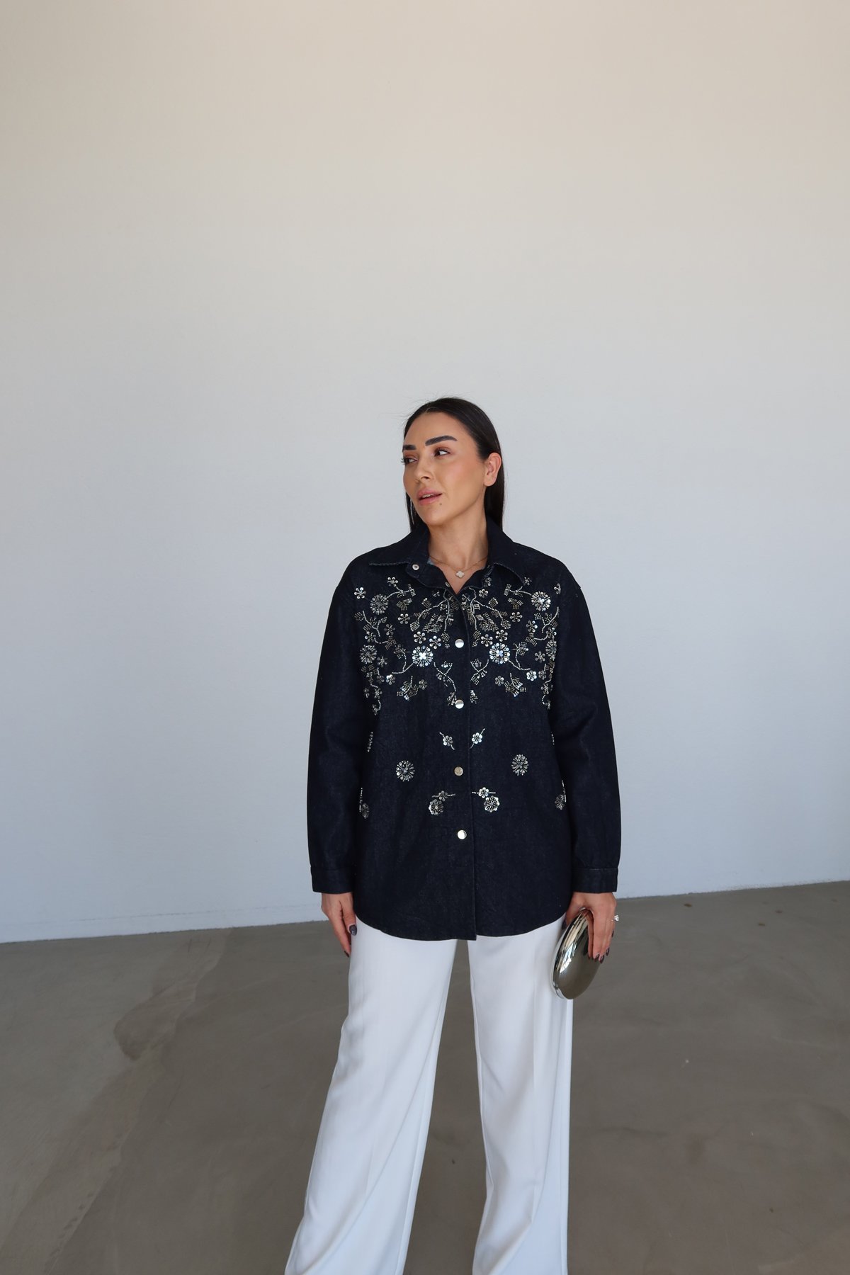 Boncuk İşlemeli Kot Ceket