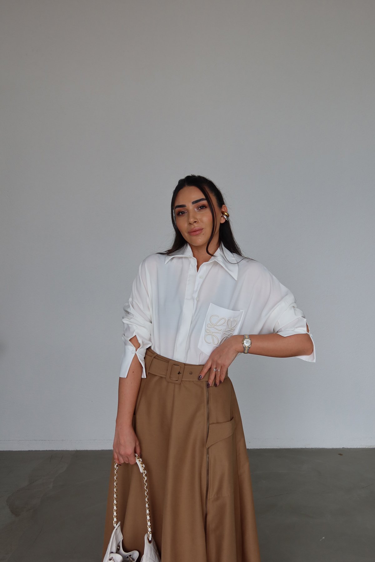 Cep Kısmı Nakışlı Oversize Gömlek