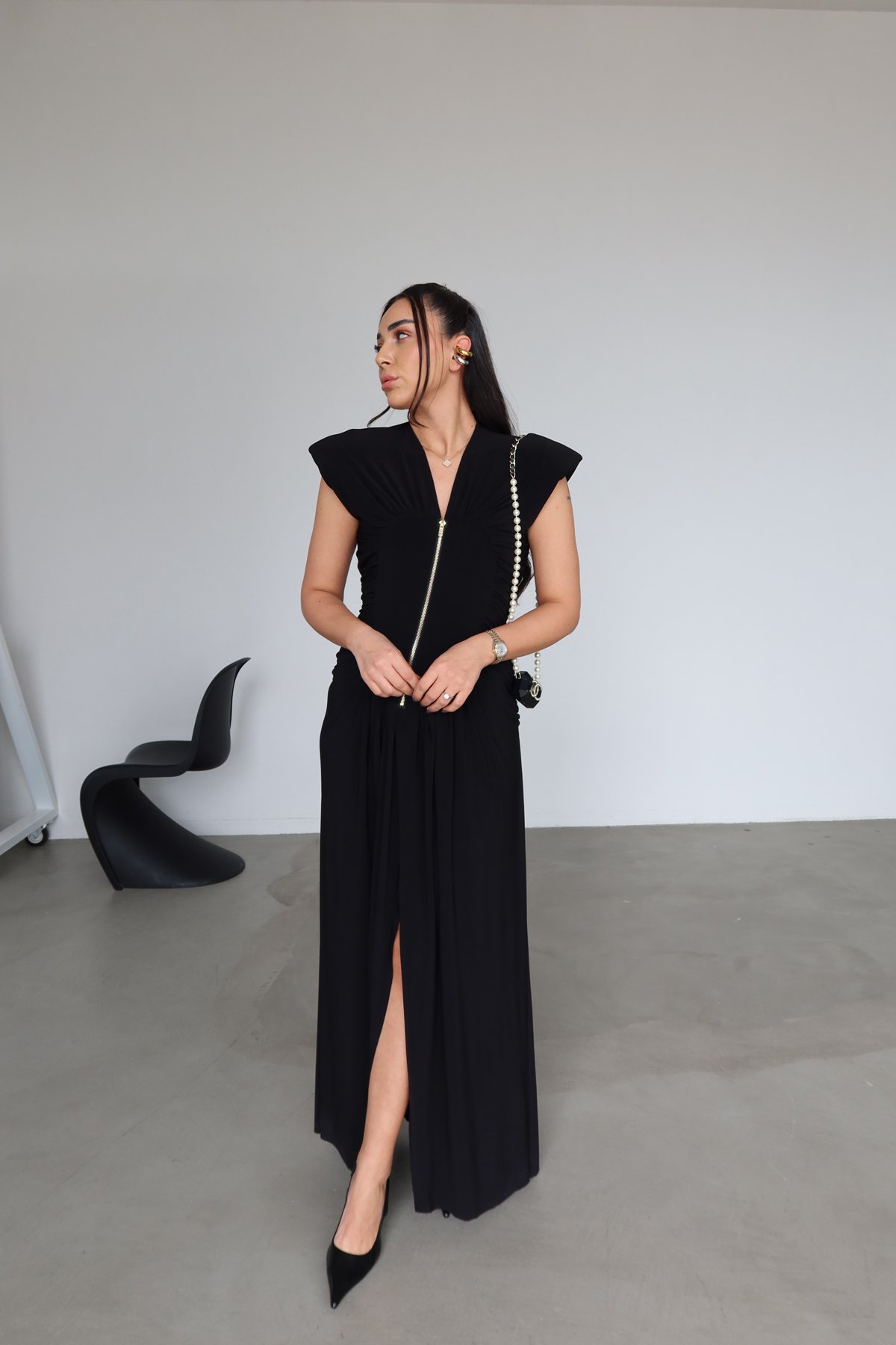 Fermuar Detaylı Kolsuz Maksi Elbise