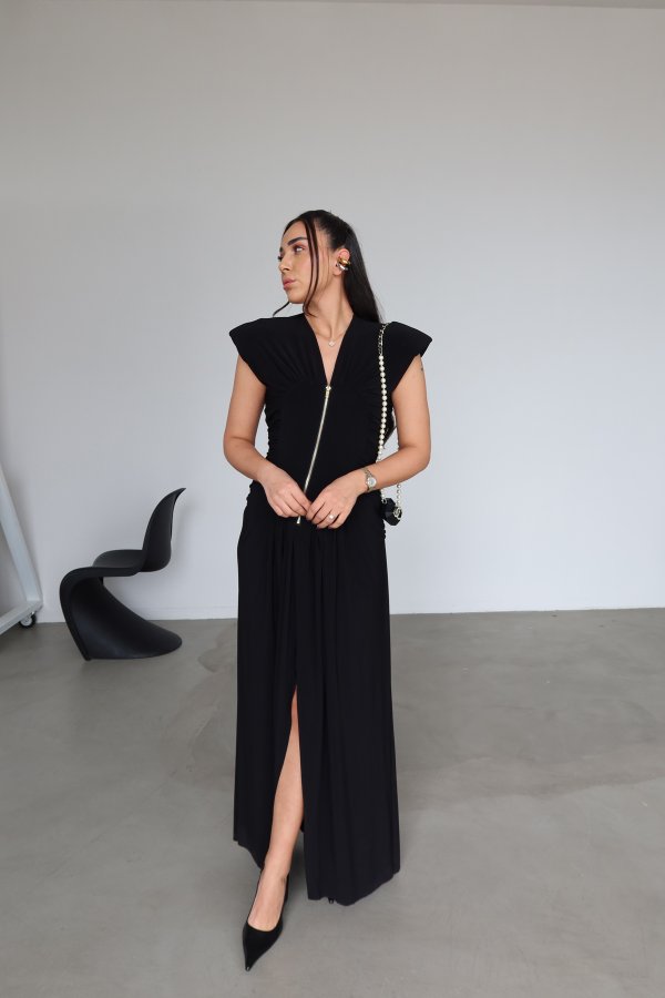 Fermuar Detaylı Kolsuz Maksi Elbise