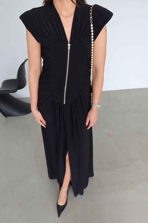 Fermuar Detaylı Kolsuz Maksi Elbise