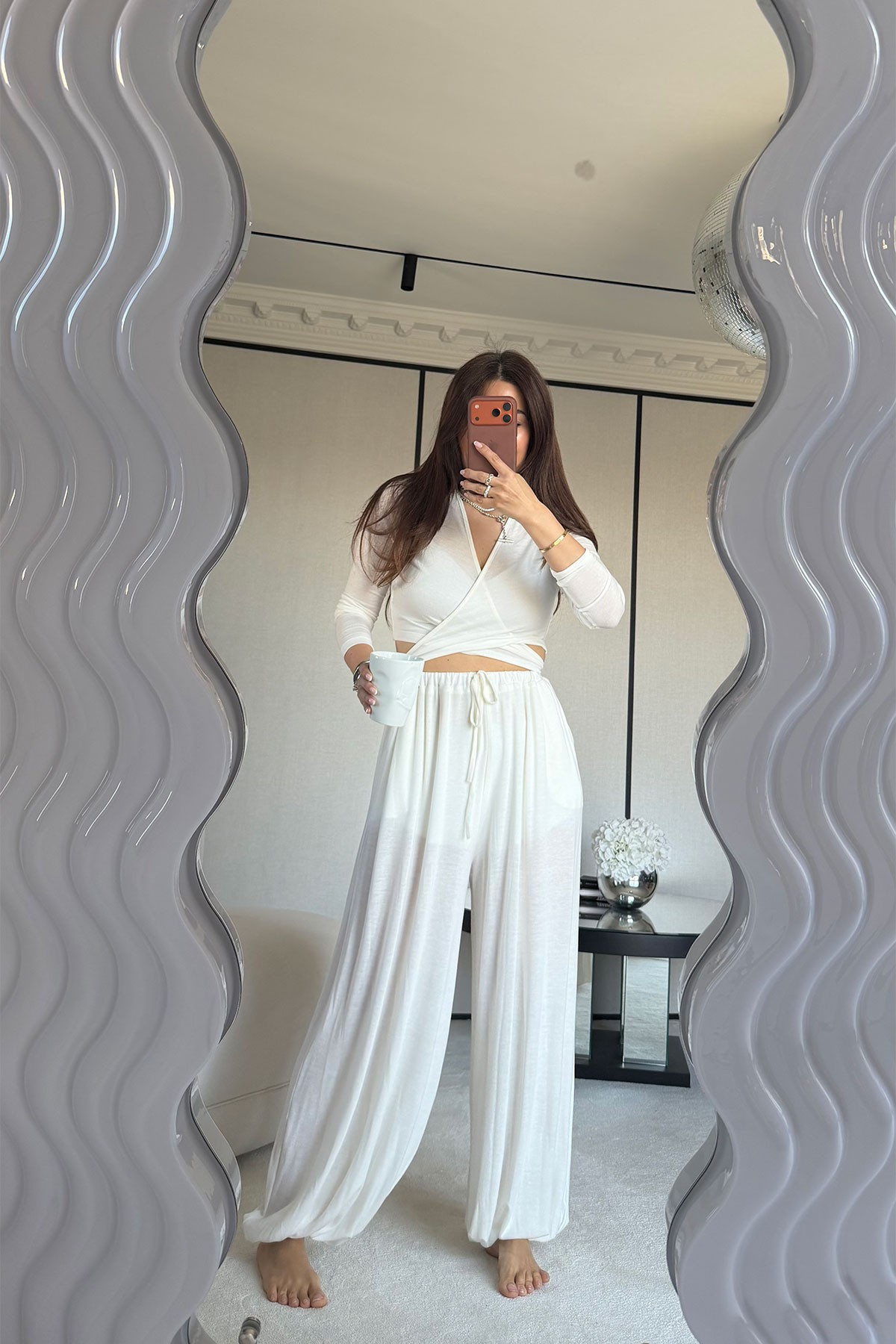 Bağlamalı Crop Bluz Şalvar Pantolon Takım