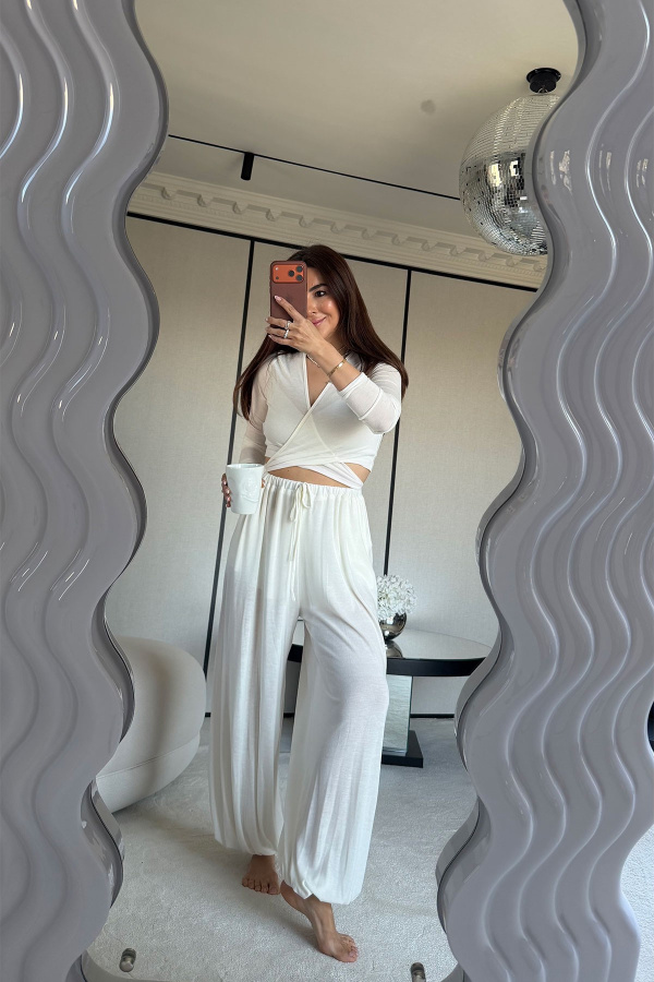 Bağlamalı Crop Bluz Şalvar Pantolon Takım