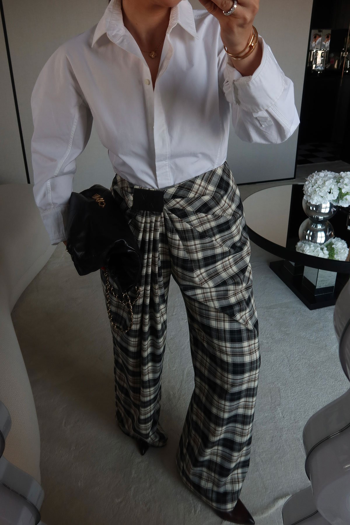 Pile Detaylı Dökümlü Ekose Pantolon