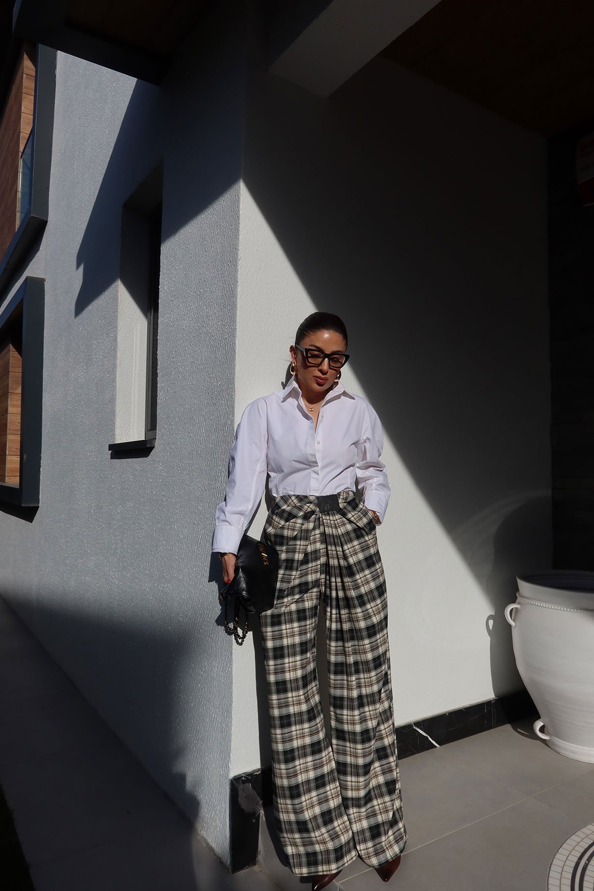 Pile Detaylı Dökümlü Ekose Pantolon