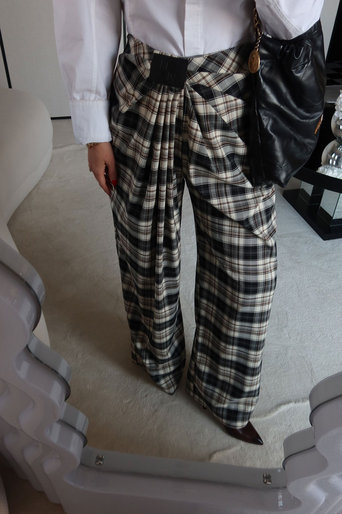 Pile Detaylı Dökümlü Ekose Pantolon