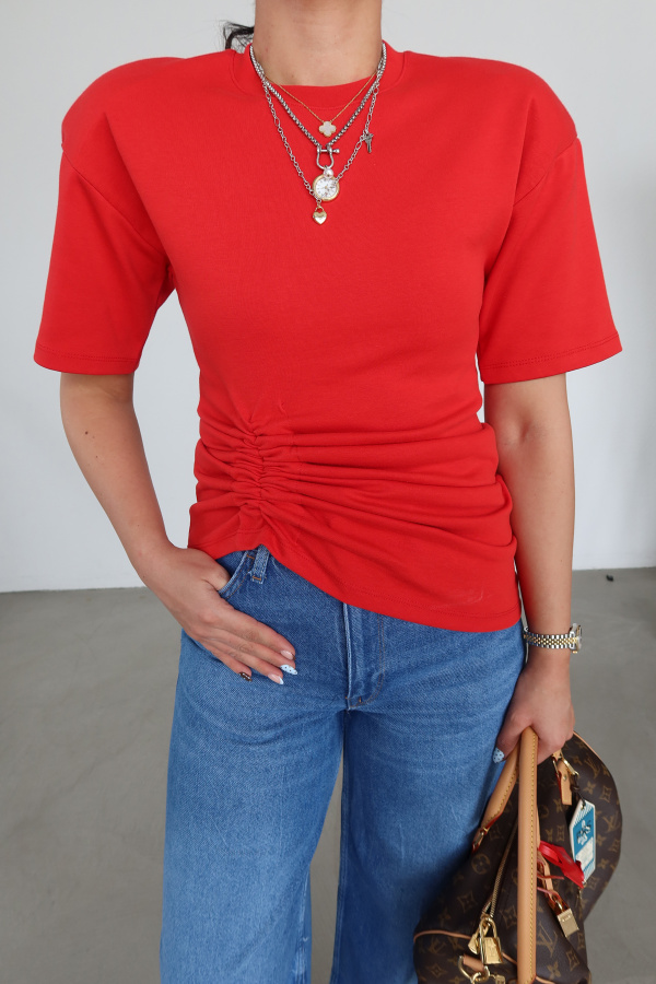 Omuzu Vatkalı Önü Büzgülü Bluz