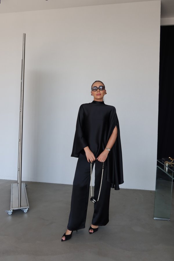 Pelerin Saten Bluz Pantolon Takım