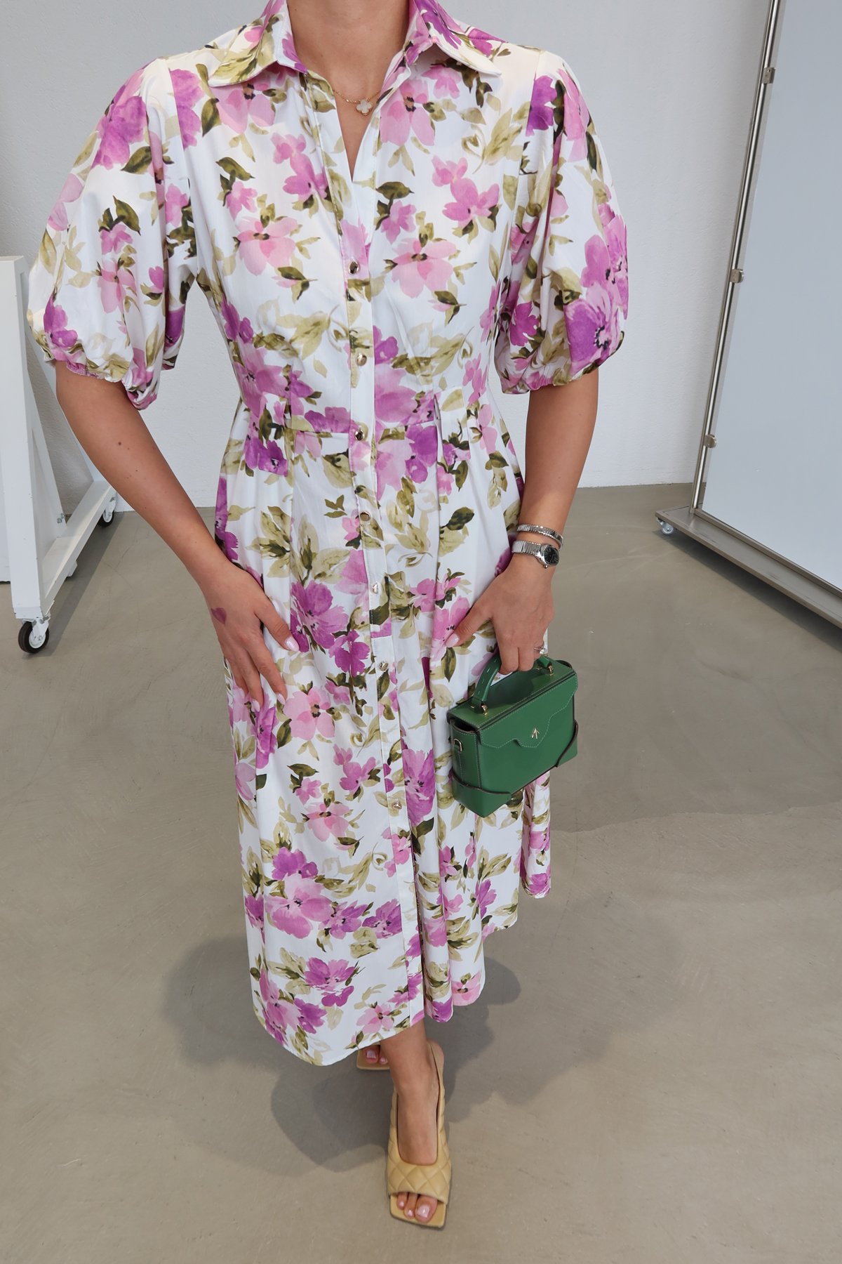 Çiçek Desen Balon Kol Elbise