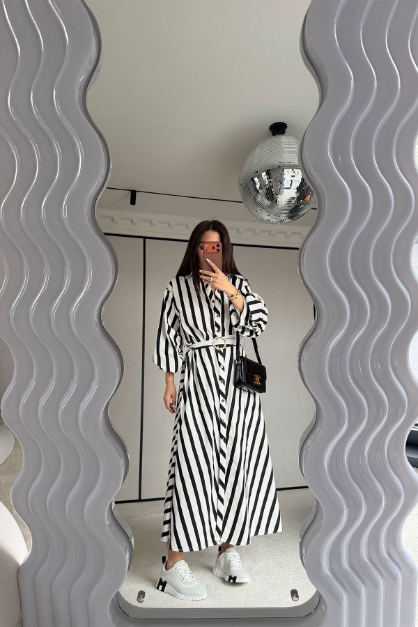 Çizgili Gömlek Yaka Maxi Elbise