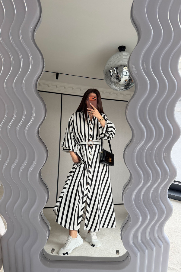 Çizgili Gömlek Yaka Maxi Elbise