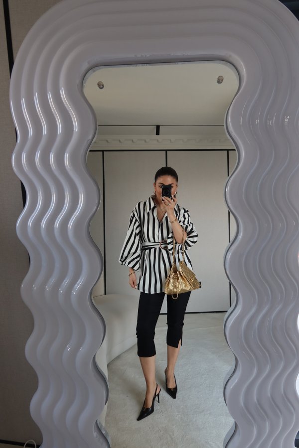 Çizgili Balon Kol Bluz