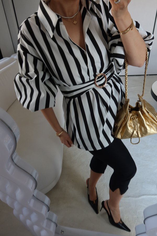 Çizgili Balon Kol Bluz